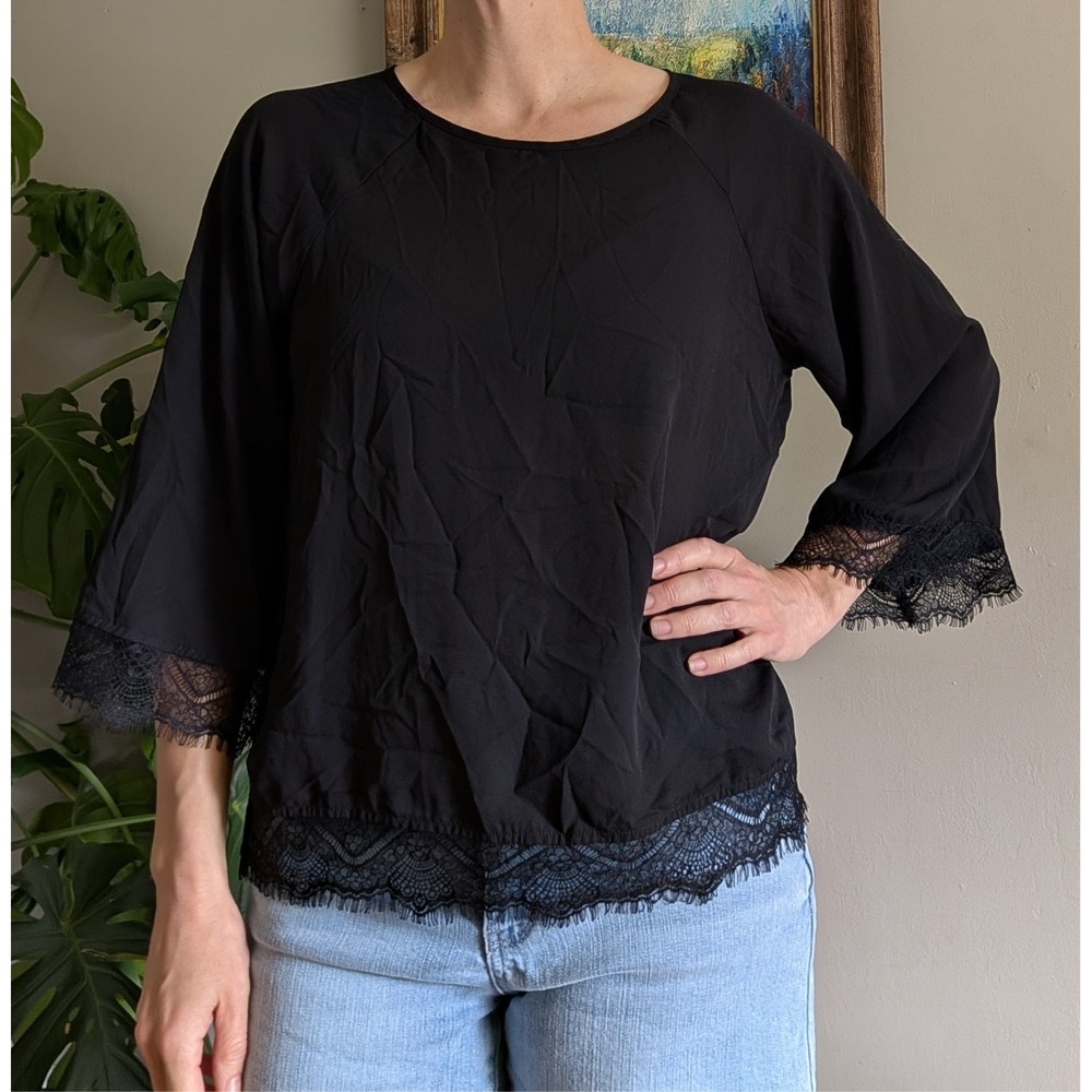 PAPERMOON Blouse Black Lace Trim 3/4 Sleeveโ Witchy Whimsigoth Dark Fairy Flowy